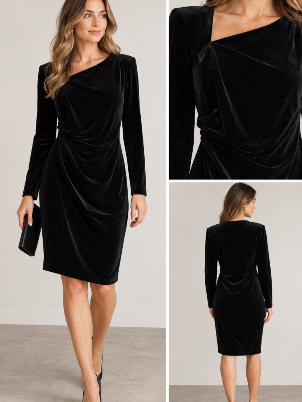 Zara L Black Velvet Dress Long Sleeve Ruched Draped Goth Witchy Halloween Party